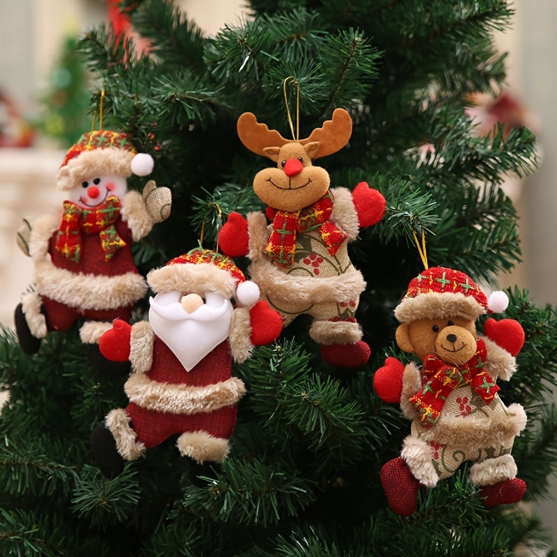 Festive Christmas Tree Ornaments – Santa, Snowman, Reindeer & Bear Figures with Scarves, Golden Balls & Red Bows