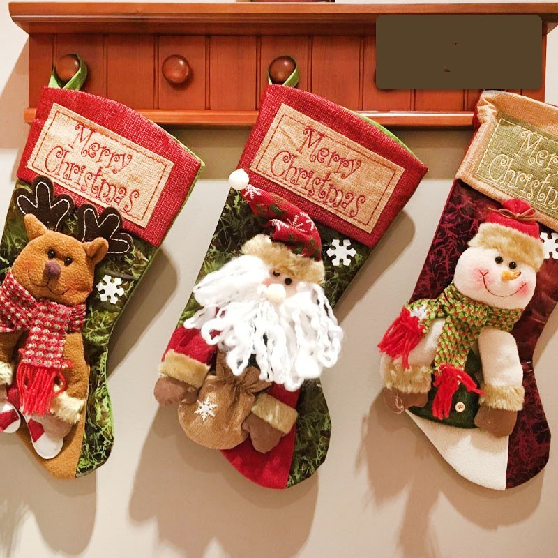 Christmas Stocking Socks with Snowman, Santa & Elk Design – Fireplace & Tree Hanging Candy Gift Bags Holiday Decor