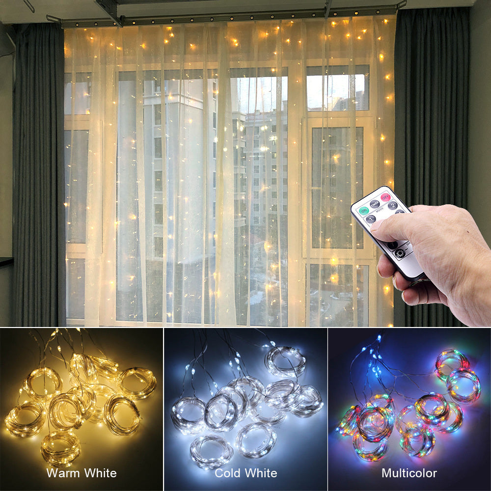 LED Curtain String Lights – USB Fairy Light Garland with Remote Control for Christmas & Home Décor
