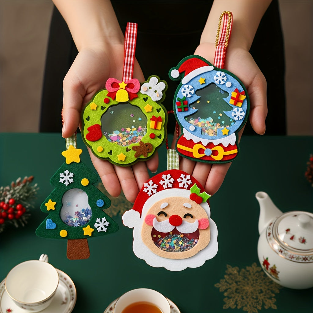 4pcs Christmas Felt Applique Kit – Handmade Ornament Material Set with Santa, Wreath, Tree & Crystal Ball Designs