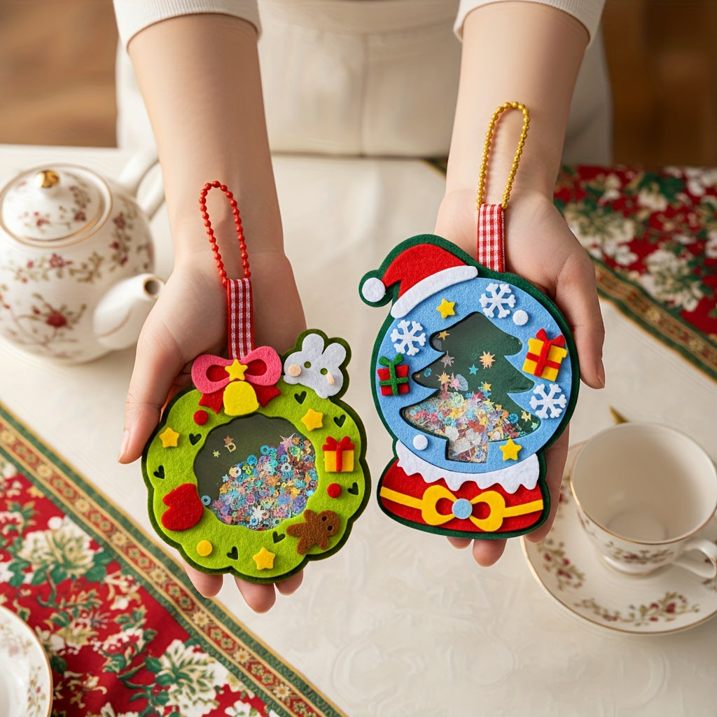 4pcs Christmas Felt Applique Kit – Handmade Ornament Material Set with Santa, Wreath, Tree & Crystal Ball Designs