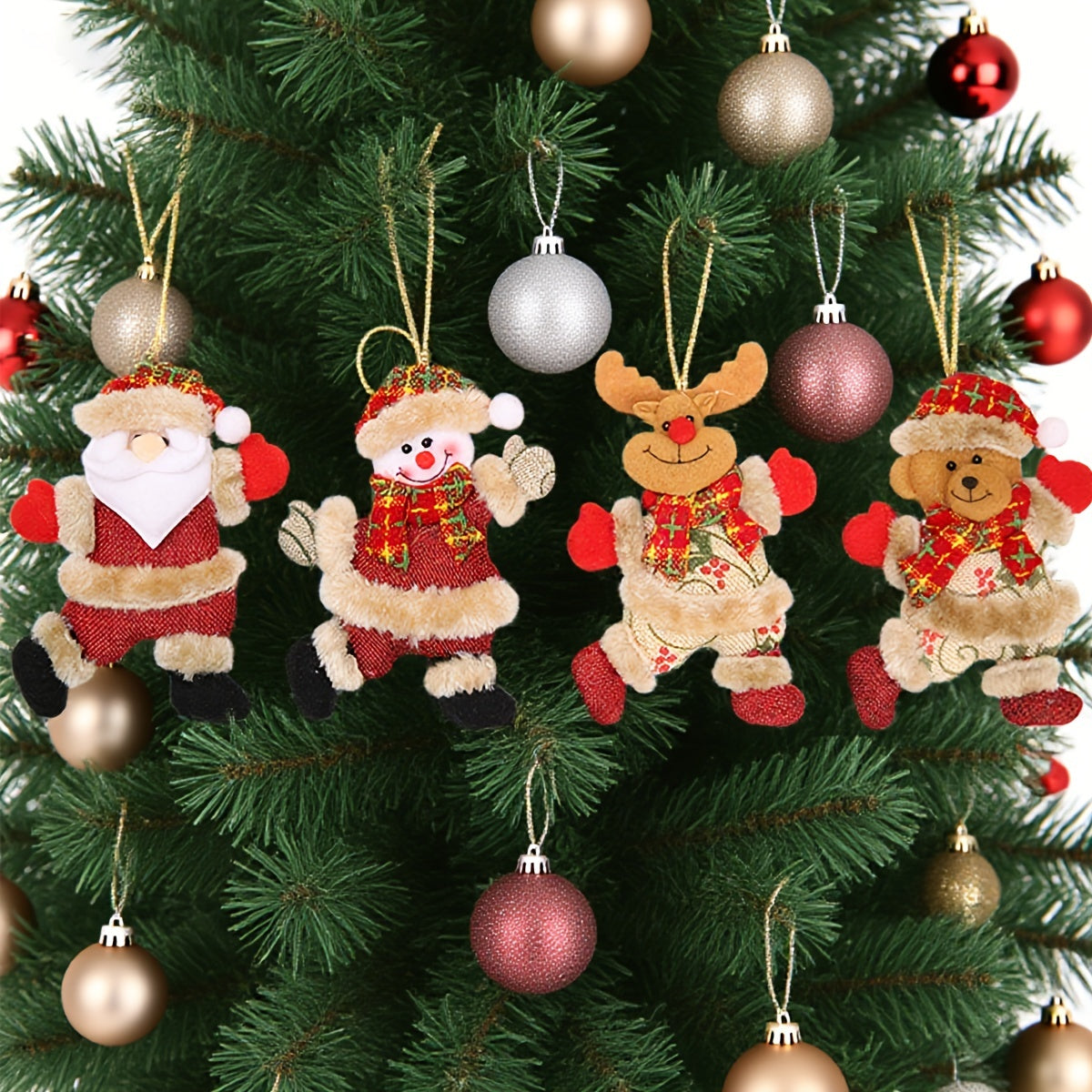Festive Christmas Tree Ornaments – Santa, Snowman, Reindeer & Bear Figures with Scarves, Golden Balls & Red Bows