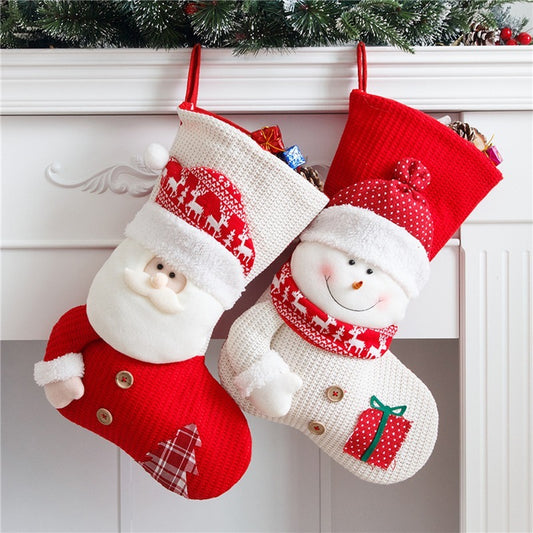 Large Red and White Knitted Christmas Stocking – Santa Claus Fireplace Socks Gift Bag Candy Holder Home Decor