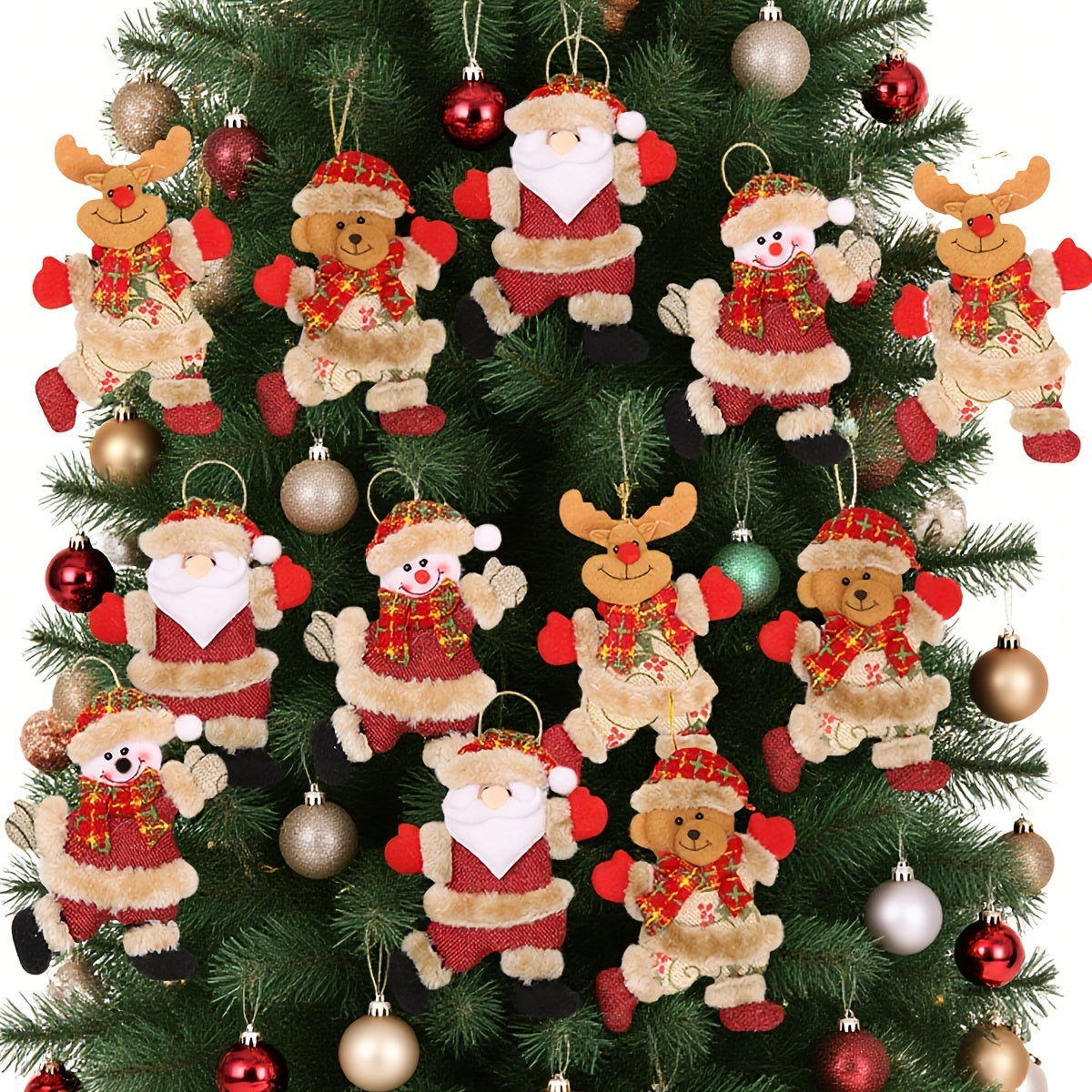 Festive Christmas Tree Ornaments – Santa, Snowman, Reindeer & Bear Figures with Scarves, Golden Balls & Red Bows