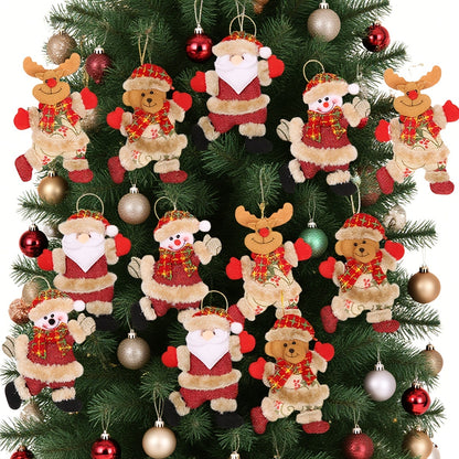 Festive Christmas Tree Ornaments – Santa, Snowman, Reindeer & Bear Figures with Scarves, Golden Balls & Red Bows