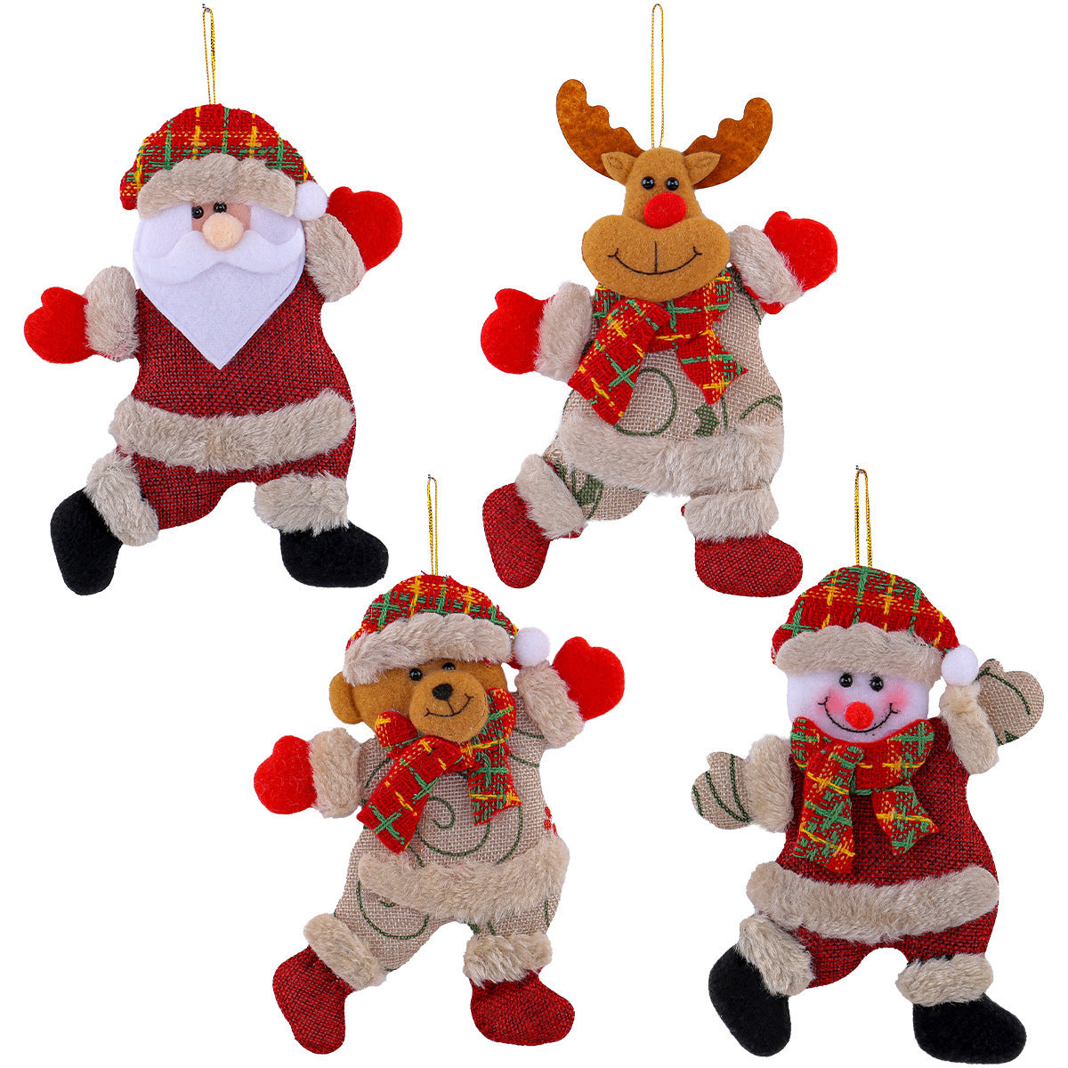 Festive Christmas Tree Ornaments – Santa, Snowman, Reindeer & Bear Figures with Scarves, Golden Balls & Red Bows