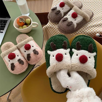 Christmas Elk Plush Slippers – Warm Non-Slip Indoor Shoes