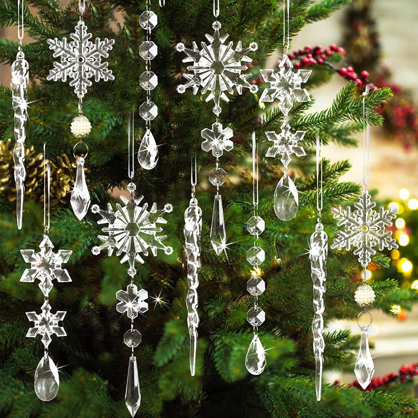 10pcs Acrylic Ice Strip Christmas Tree Hanging Ornaments Snow Ceiling Decorations for Home & New Year