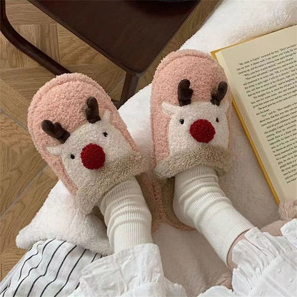 Christmas Elk Plush Slippers – Warm Non-Slip Indoor Shoes