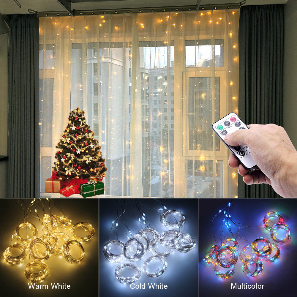 LED Curtain String Lights – USB Fairy Light Garland with Remote Control for Christmas & Home Décor