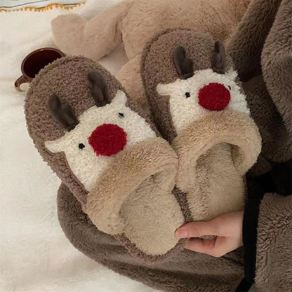 Christmas Elk Plush Slippers – Warm Non-Slip Indoor Shoes