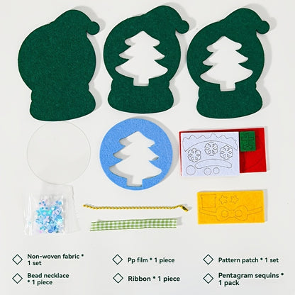 4pcs Christmas Felt Applique Kit – Handmade Ornament Material Set with Santa, Wreath, Tree & Crystal Ball Designs