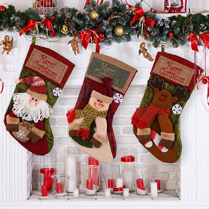 Christmas Stocking Socks with Snowman, Santa & Elk Design – Fireplace & Tree Hanging Candy Gift Bags Holiday Decor