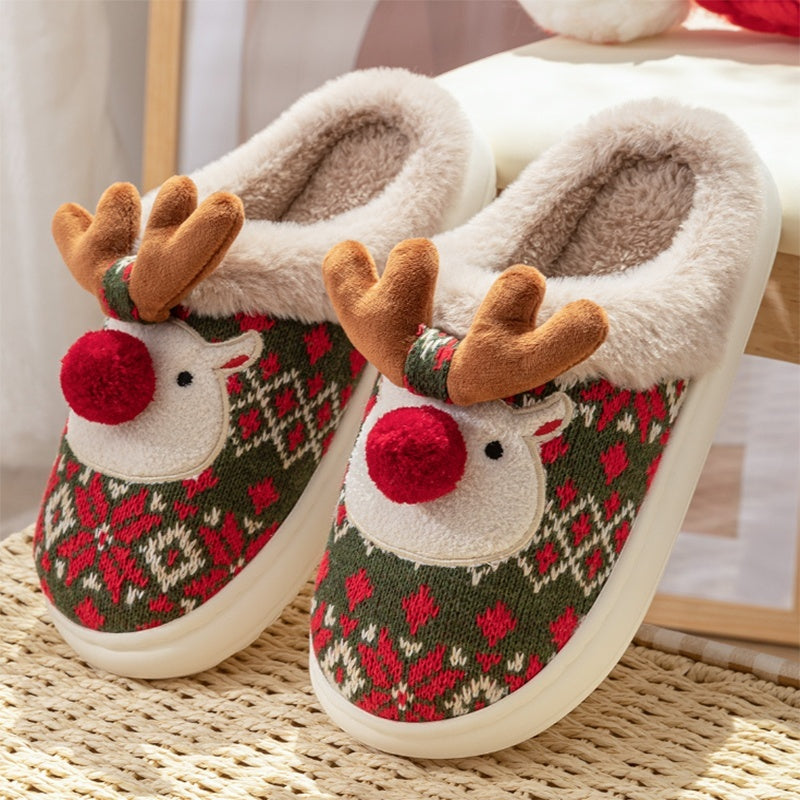Cute Christmas Elk Slippers – Women’s Warm Plush Indoor Shoes