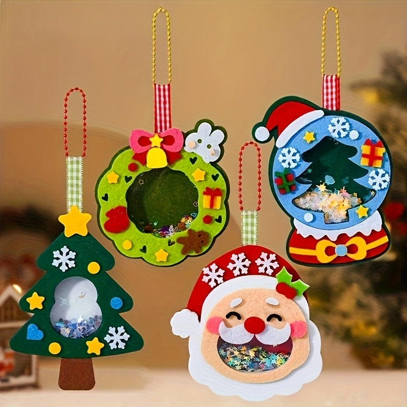 4pcs Christmas Felt Applique Kit – Handmade Ornament Material Set with Santa, Wreath, Tree & Crystal Ball Designs