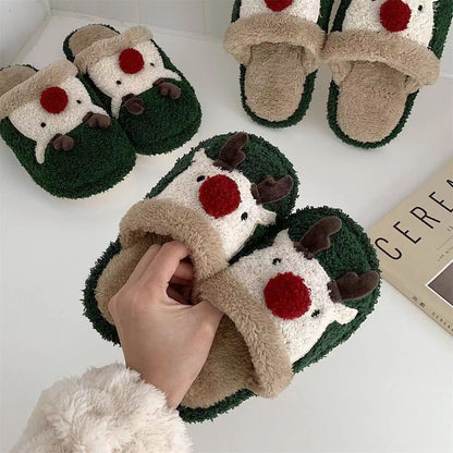 Christmas Elk Plush Slippers – Warm Non-Slip Indoor Shoes